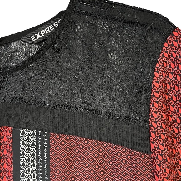 EXPRESS Dress Size Large Red‎ Black Geometric Lace Trim Short Sleeve - Picture 4 of 13